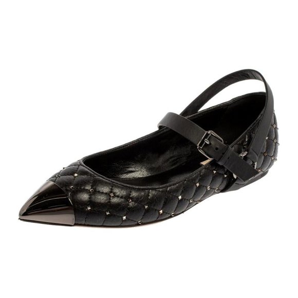 Valentino Shoes - Valentino- Black Quilted Rockstud Metal Cap Toe Ballerina Flats Size 36